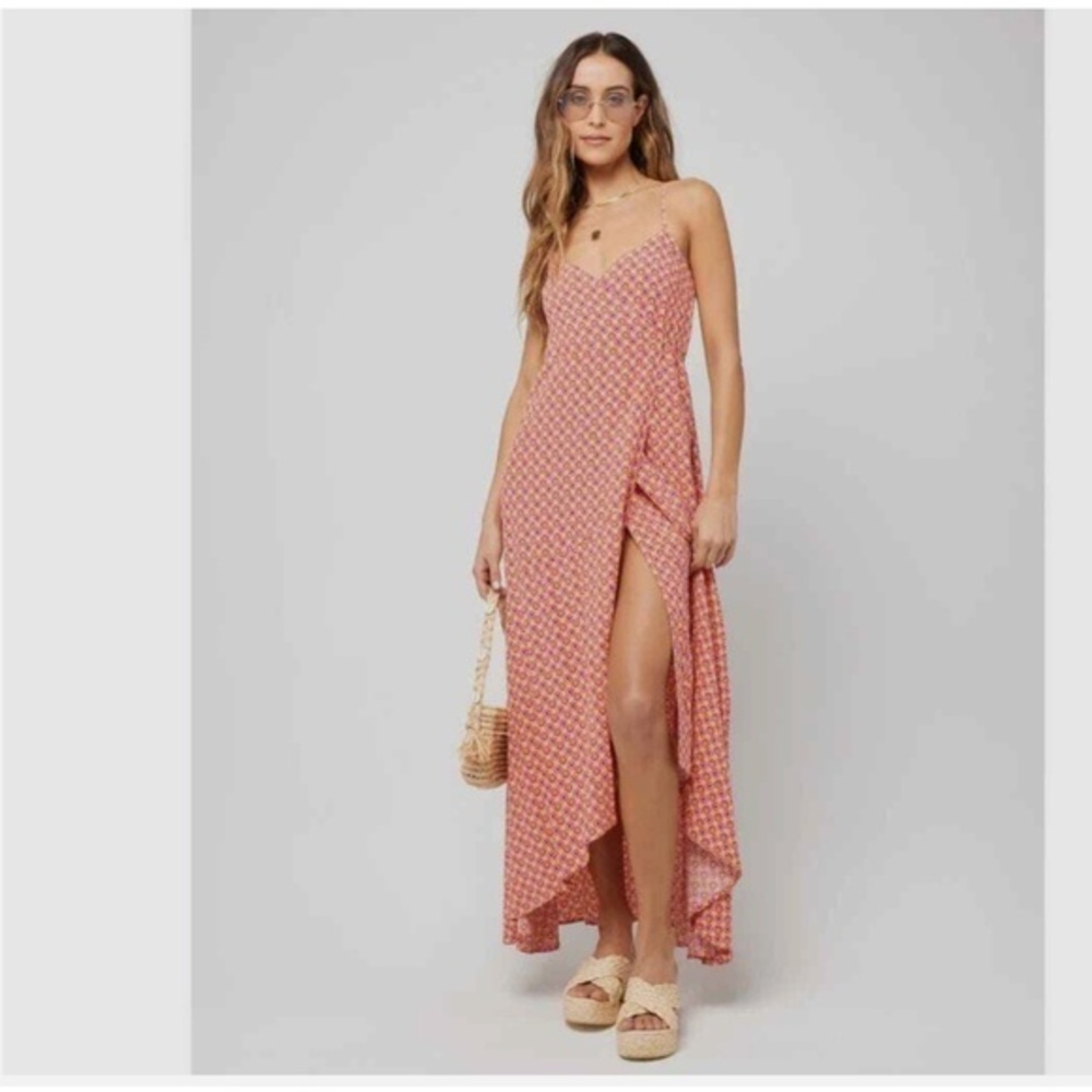 L*Space Junie Red Orange Wrap Maxi Flowy Dress S